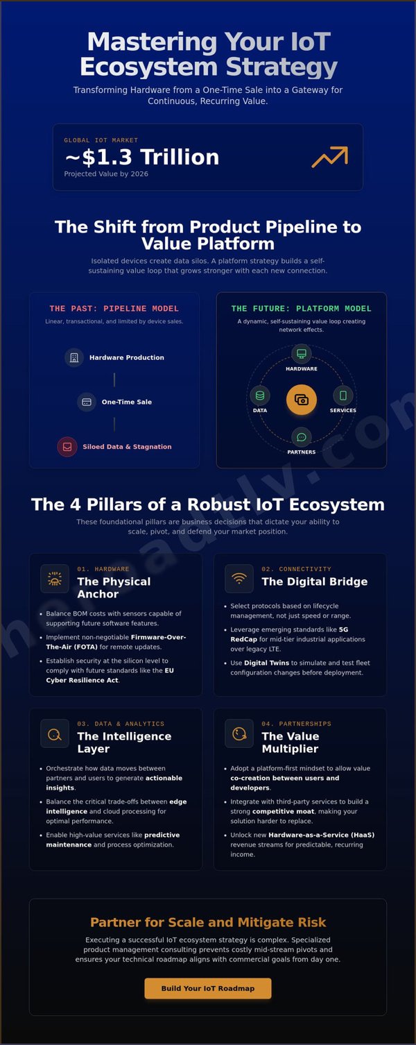 Infographic: mastering your IoT ecosystem strategy — the shift from pipeline to platform, and the four pillars of a connected-product business