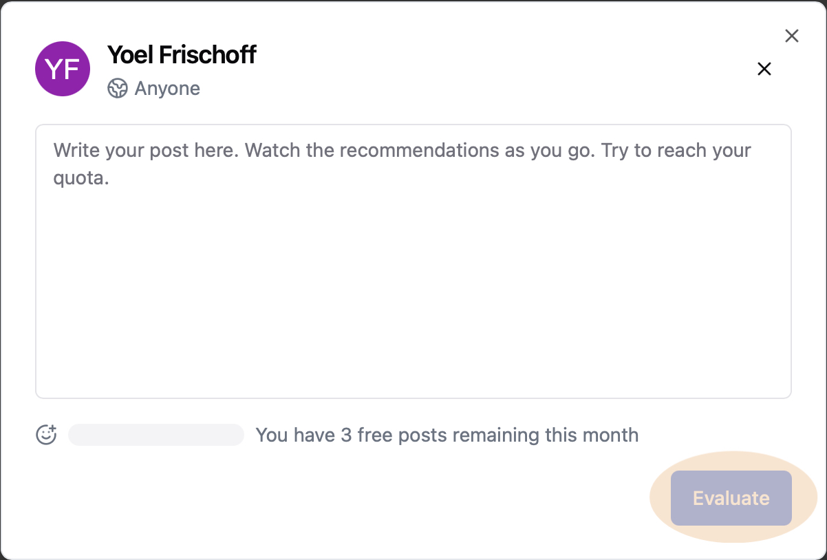 Post editor with "Evaluate" button